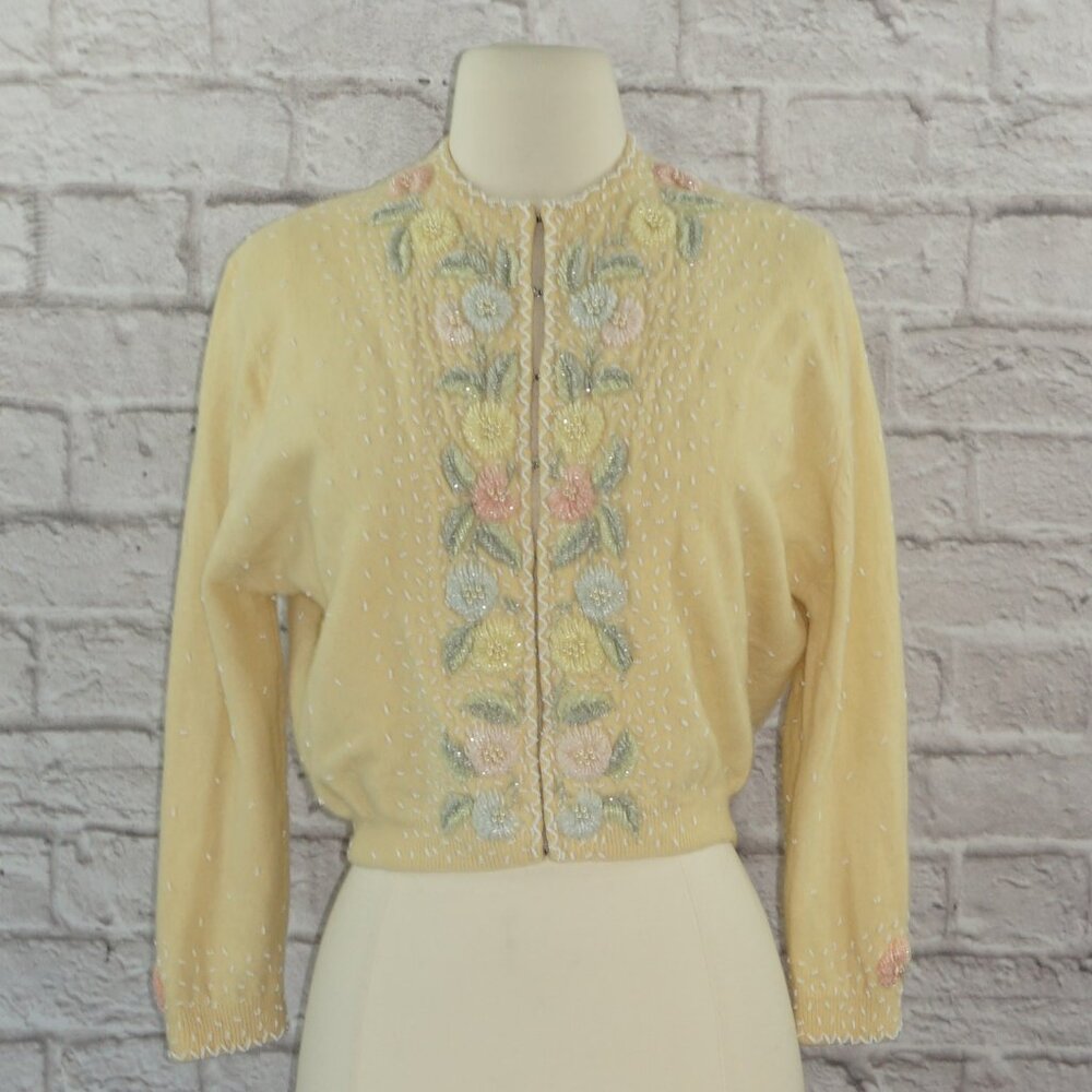 Vintage 40s Lambswool Angora Hand Beaded Cardigan Sweater